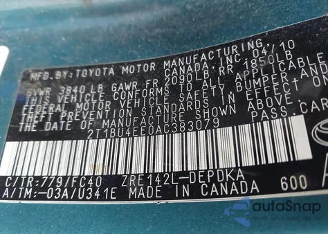 2010 Toyota Corolla Le z USA, uszkodzony, nr VIN 2T1BU4EE0AC383079